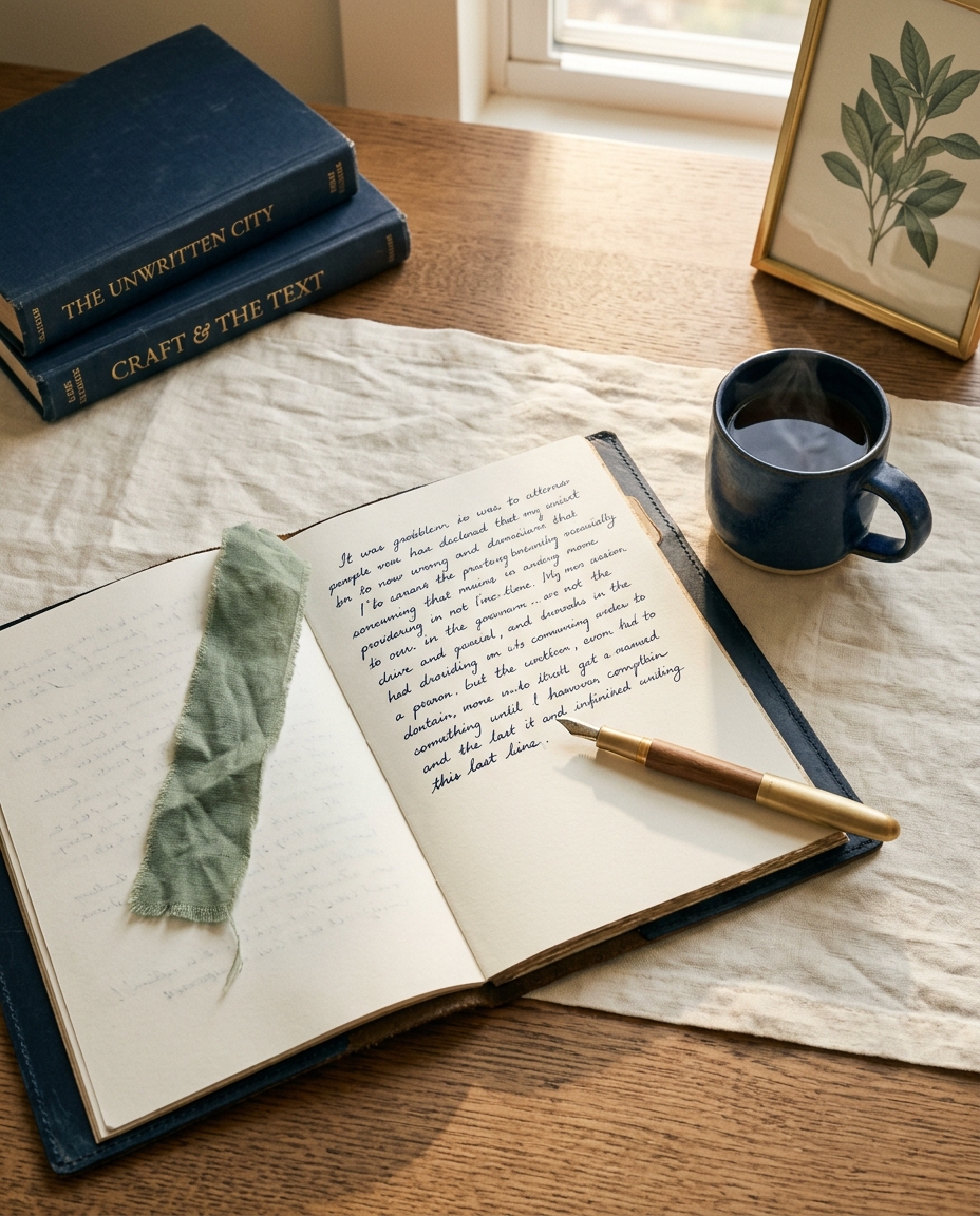 Solo writer's desk — open notebook with draft, fountain pen, navy ceramic mug, sage-green bookmark, books titled THE UNWRITTEN CITY and CRAFT & THE TEXT