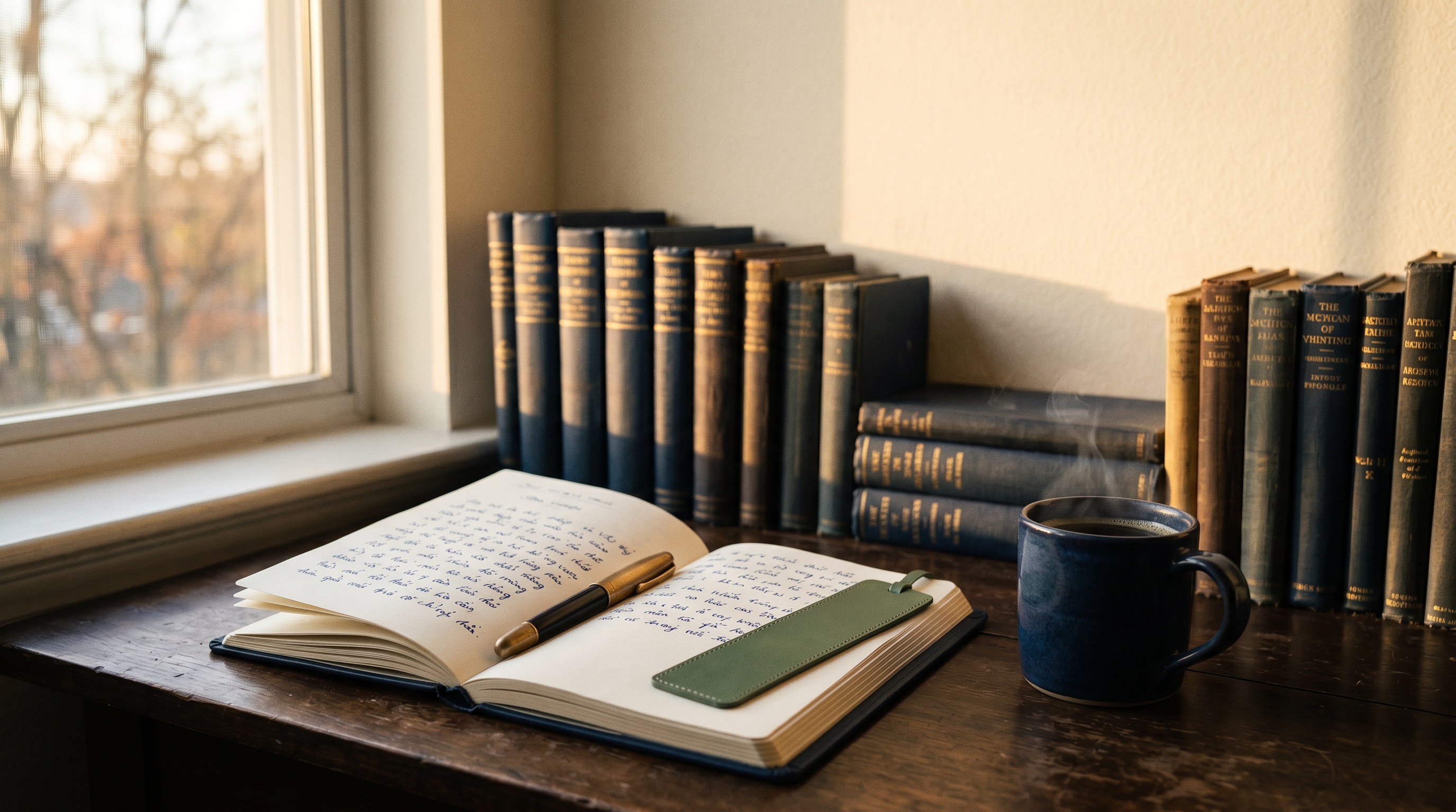 A scholar's writing desk at golden hour with open notebook, fountain pen, and navy ceramic mug — Komaru hero illustration