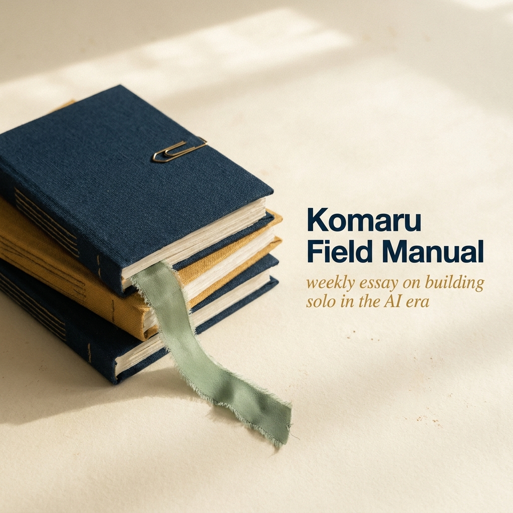 Stack of hand-bound pamphlets with navy and gold covers, sage-green ribbon — Komaru Field Manual